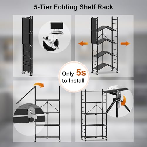 Himix 5-Tier Foldable Storage Shelves with 20 Hooks Wheels Kitchen Black - color: Black, size: 5-Tier