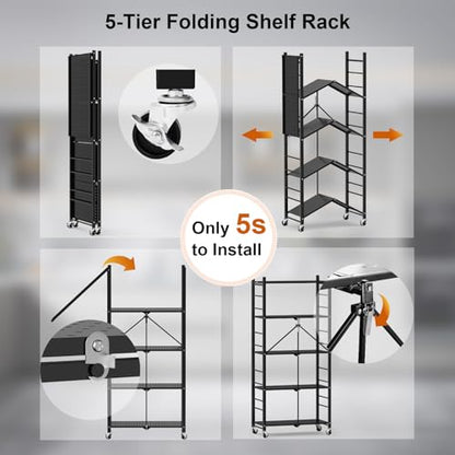 Himix 5-Tier Foldable Storage Shelves with 20 Hooks Wheels Kitchen Black - color: Black, size: 5-Tier