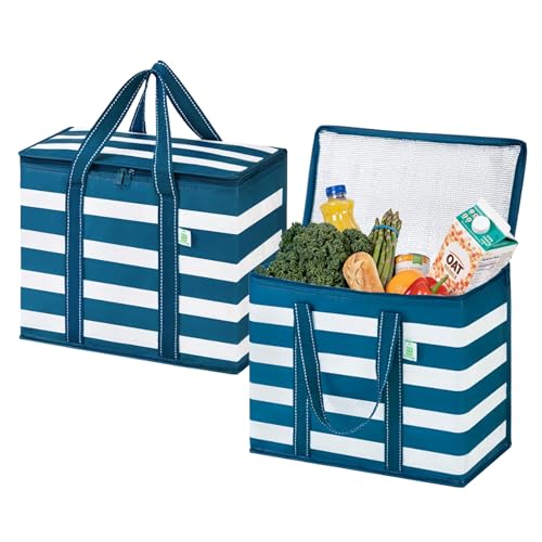 VENO 2 Pack Cooler Bag Insulated Grocery Bags for Food Delivery Heavy Duty - color: Classic Navy Stripe, size: 2 Pack