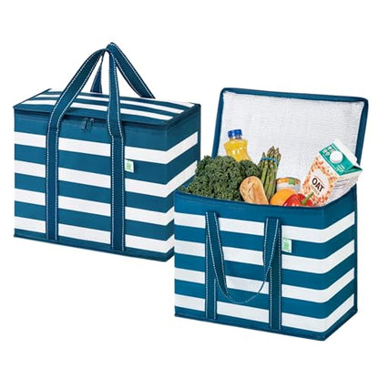 VENO 2 Pack Cooler Bag Insulated Grocery Bags for Food Delivery Heavy Duty - color: Classic Navy Stripe, size: 2 Pack