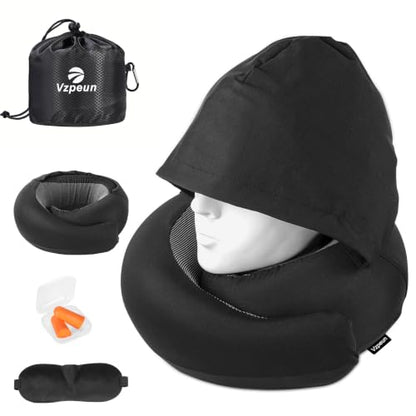 Travel Pillow - Hooded Neck Pillow Airplane Memory Foam Filling - color: Black