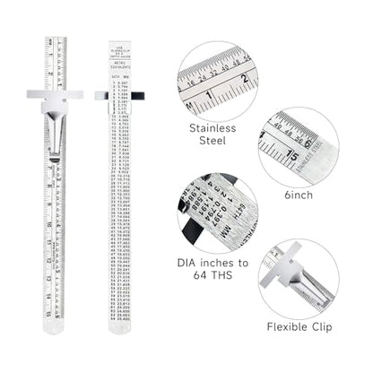 KEARING 6" Pocket Ruler Stainless Steel with Clip Depth Gauge, 2PCS
