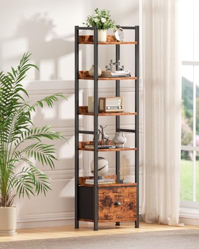 Furologee 6 Tier Bookshelf with Drawer, Tall Narrow Bookcase, Rustic Brown - color: Rustic Brown, size: 6 Tier