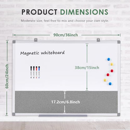 SWANCROWN White Board Bulletin Board Combo, 36 x 24 inches, Aluminum Frame - color: Grey-horizontal, size: 36"W x 24"H