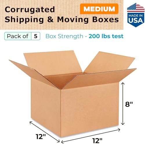 Medium Moving & Shipping Boxes 12 x 12 x 8 inches (5-Pack) - Extra Strength 200 lb vs Regular - USA-Made Corrugated Cardboard Boxes for USPS/UPS/FEDEX - Box for Shipping by IDL Packaging - size: 12 * 12 * 8" (Medium Boxes)