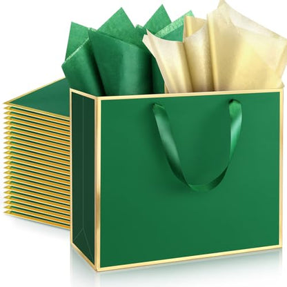 ReliThick 12 Pack Paper Gift Bag with Handles & Tissue, Green, Gold - color: Green, Gold
