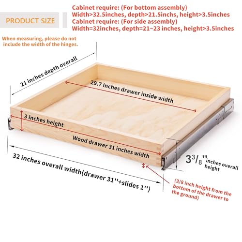 Mulush 32''W x 21''D x 3''H Pull Out Cabinet Drawer Soft Close Slide Out Wood Organizer for Kitchen, Finished, Bottom and Side Assembly (Wood Drawer Part Width is 31inch) - size: 32"W x 21"D