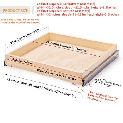 Mulush 32''W x 21''D x 3''H Pull Out Cabinet Drawer Soft Close Slide Out Wood Organizer for Kitchen, Finished, Bottom and Side Assembly (Wood Drawer Part Width is 31inch) - size: 32"W x 21"D