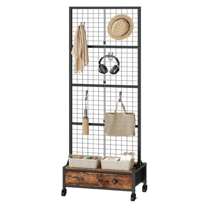 MAHANCRIS 1.8' x 5.6' Ft Grid Wall Panel, Retail Display Rack with 2 Fabric Drawers & 4 Wheels, Gridwall Display Stand with 10 Hooks and 10 Anti-Wind S-Hooks, for Entryway, Kitchen, Outdoors, GPHR5601