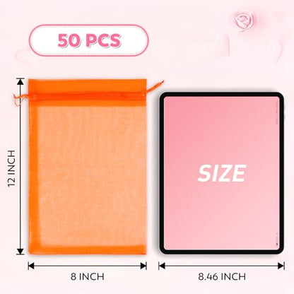 ANZNKU 50 Pcs Large Organza Bags 8x12, Small Mesh Gift Bag Drawstring Bulk - color: Orange