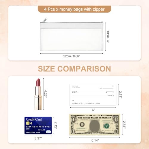PATIKIL 8.7x3.9 Inch Money Bags with Zipper, 4 Pcs Clear PVC Cash Deposit Bank Pouch Envelopes Makeup Bag Check Wallet for Coin Cosmetics Bill, White - color: White