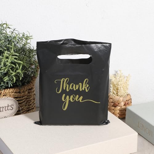100 Pcs 5.7✕7.6 Inch Small Thank You Bags Black Thank You Bags Plastic Shopping Bag with Handles for Small Business Retail Boutique Gifts Stores(Black)