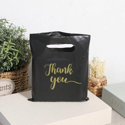 100 Pcs 5.7✕7.6 Inch Small Thank You Bags Black Thank You Bags Plastic Shopping Bag with Handles for Small Business Retail Boutique Gifts Stores(Black)