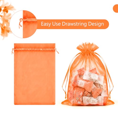 FUNFERY 100Pcs Orange Organza Bags 5x7 in,Small Mesh Drawstring Gift Bag - color: Classic Orange