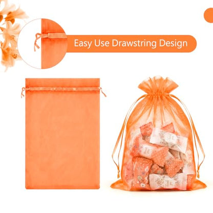 FUNFERY 100Pcs Orange Organza Bags 5x7 in,Small Mesh Drawstring Gift Bag - color: Classic Orange
