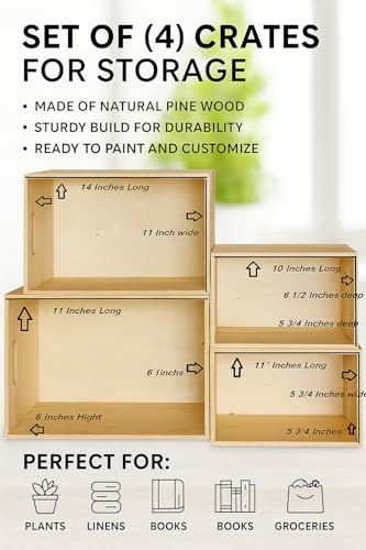 Unfinished Wooden Crates 4 Pack - Nesting Pine Wood Boxes with Handles - color: Unfinished