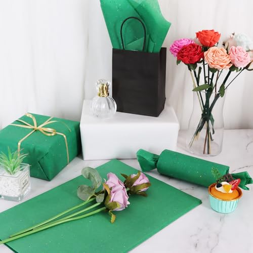 BEISHIDA 50 Sheets Dark Green Glitter Tissue Paper Bulk, Glitter Tissue Wrapping Paper for Gift Bags, 14 x 20 Inch Gift Wrap for Birthday Wedding Graduation DIY Crafts Holiday Flowers - color: green
