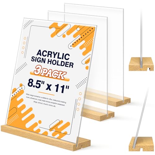 8.5 x 11 Acrylic Sign Holder with Wood Base - Tabletop Display Menu Stand - Clear Plastic L/T Shape Vertical or Slant Back Paper Holders - 3 pack - style: 8.5x11in 3pack