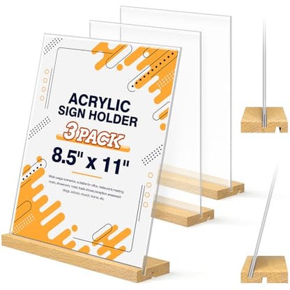 8.5 x 11 Acrylic Sign Holder with Wood Base - Tabletop Display Menu Stand - Clear Plastic L/T Shape Vertical or Slant Back Paper Holders - 3 pack - style: 8.5x11in 3pack