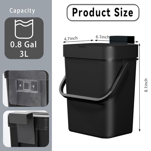 Compost Bin Kitchen, for use on Countertops or Under Sinks, Hanging Trash Can with Lid, Mountable Indoor Compost Bucket, for Cupboard/Bathroom/Bedroom/Office/Camping (Black 0.8 Gallon/3L)