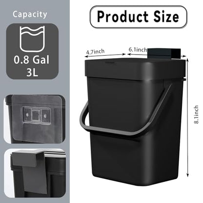 Compost Bin Kitchen, for use on Countertops or Under Sinks, Hanging Trash Can with Lid, Mountable Indoor Compost Bucket, for Cupboard/Bathroom/Bedroom/Office/Camping (Black 0.8 Gallon/3L)
