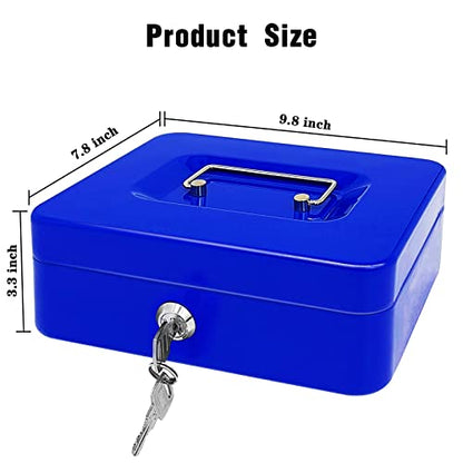 Steel Cash Box with Key Lock, Metal Small Money Organizer with Money Tray,Cash Storage Box with Lockable Cover (Blue - 10 inch) - color: Blue - 9.8" x 7.8" x 3.3"