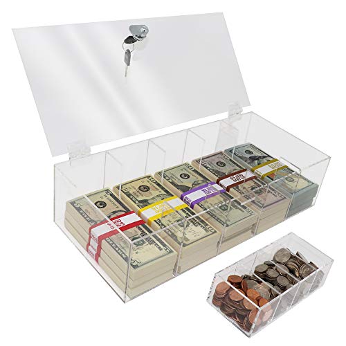 Clear Locking Currency Tray, 5 Compartment Cash Organizer Money Storage Box with Lockable Cover and Coin Tray Insert, 300 Currency Wrappers Included - size: Currency Tray + Locking Cover + Coin Tray Insert