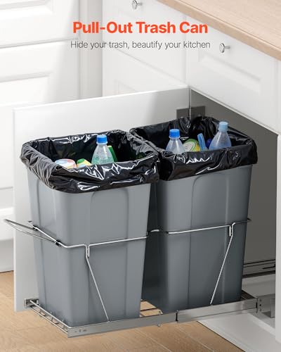 VEVOR Pullout Trash Can for Kitchen Cabinets, 27QTx2 Double Under Sink Garbage Waste Recycling Bin, Under Mount Waste Container, with Heavy Duty Metal Full Extension Sliding System and Handle Grey - size: 54QT(27QTx2)