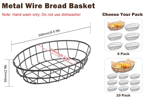10 Pack Fast Food Oval Baskets, Wire Bread Basket for Serving, Reusable Chip Burger Fruit Vegetables Bowl Storage for Kitchen Table, Restaurants, Snack Bar, Metal (Matte Black) - color: Matte Black