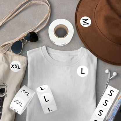 3500 PCS 7/8" Round Clothing Size Labels for Retail, 7 Sizes - color: Black on White