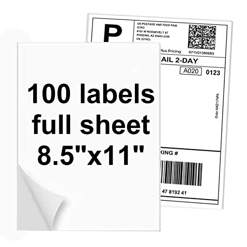 100 Full Sheets Sticker Paper for Laser & Ink Jet Printers, 8.5" x 11" Full Sheet Address Shipping Label, 100 Sheets 100 Labels - size: 8.5" x 11"(1-up), style: 100 Sheets