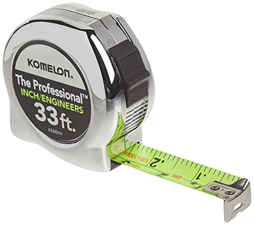 Komelon 433IEHV High-Visibility Professional Tape Measure both Inch and Engineer Scale Printed 33-feet by 1-Inch, Chrome - size: 10.1 m