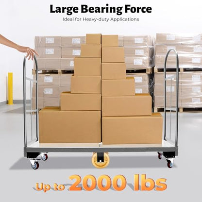 Narrow Aisle Dolly U-Boat Platform Truck Cart, 16 x 60 inch Heavy Duty Utility Cart, 2000Lbs Load Capacity, Hand Truck with Dual Removable Handles and 6 Wheels, Ideal for Heavy-Duty Applications