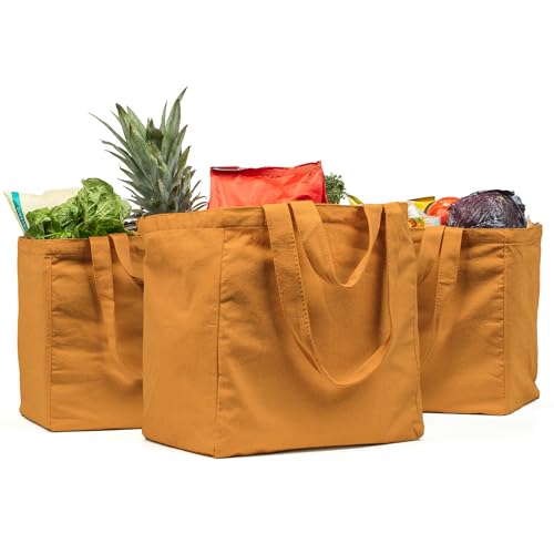 VeraMia Canvas Grocery Bag 3pc XL Set with Real Pockets, Long Shoulder Strap and Short Handle. Heavy Duty, Foldable, Washable - color: Butterscotch