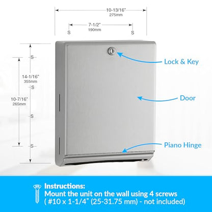 Bobrick B-262 Surface Mounted Paper Towel Dispenser - Stainless Steel Commercial Bathroom Towel Dispenser with Tumbler Lock 400 C-Fold or 525 Multifold Capacity, (Pack of 6) - size: 14" (Pack of 6), style: Tumbler Lock