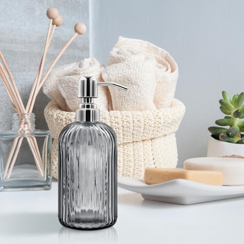 18 Oz Glass Soap Dispenser with Stainless Steel Pump, Modern Ribbed Design Refillable Liquid Soap Bottle for Bathroom, Kitchen, Hand Soap, Dish Soap, or Lotion (Grey) - color: Gray