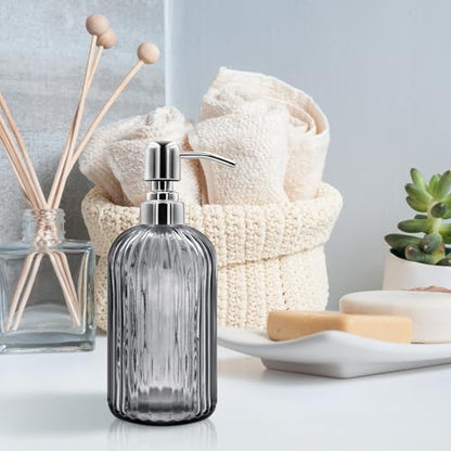 18 Oz Glass Soap Dispenser with Stainless Steel Pump, Modern Ribbed Design Refillable Liquid Soap Bottle for Bathroom, Kitchen, Hand Soap, Dish Soap, or Lotion (Grey) - color: Gray