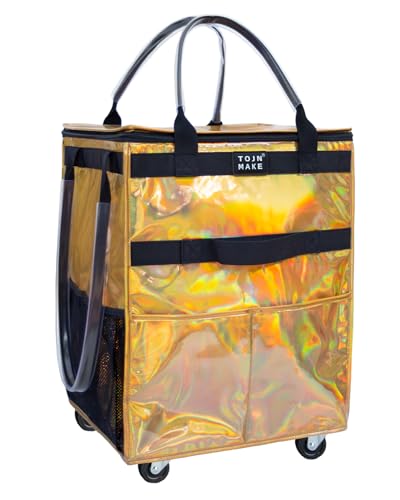 Reusable Grocery Bag with Wheels, Medium Glitter Gold Rolling Tote - color: Glitter Gold, size: Medium