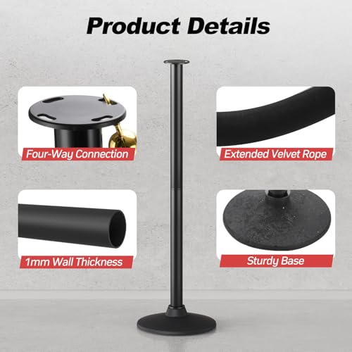 BATTIFE 2 Pack Plastic Stanchion Posts, Black Velvet Rope, Crowd Control - color: Black, size: 33.8inch