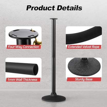 BATTIFE 2 Pack Plastic Stanchion Posts, Black Velvet Rope, Crowd Control - color: Black, size: 33.8inch