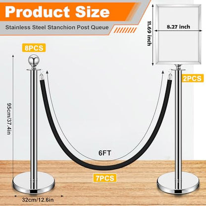 Blulu 8 Sets Stainless Steel Stanchion Set 8 Crowd Control Poles 7 Velvet Ropes and 2 A4 Sign Holders Carpet Ropes and Hollow Base Poles Easy Assembly Safety Barrier for Event Party(Silver)