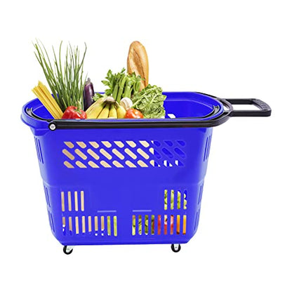 6PCS Rolling Shopping Carts with Wheels and Handles, 35L Portable Plastic Shopping Basket Set Grocery Cart for Supermarket, Retail Store, Bookstore, Laundry, Garage (Blue)