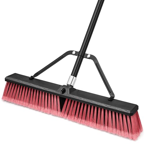 TidyBliss 24” Large Push Broom Outdoor Heavy Duty with 63” Long Handle - color: Red