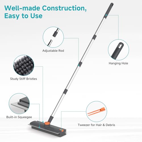 Floor Scrub Brush with Long Handle Length Adjustable, 3 in 1 Heavy-Duty Stiff 90° Bristle Floor Scrubber Broom with Squeegee, Cleaning Brush for Bathroom, Garage, Kitchen, Tile, Deck & Patio (Gray) - color: Gray