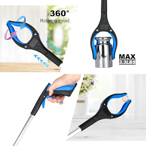 6-Pack 32" Grabber Reacher Tool, 360° Rotating Head, Wide Jaw, Foldable Reacher Grabber Pickup Tool,Anti-Slip Rotating, 4" Wide Claw Opening Grabbers for Seniors (Blue)