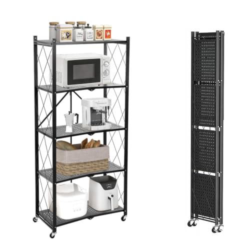 5 Tier Folding Shelf with Wheels,Metal Steel Collapsible Shelves - color: Black, size: 5 Tier