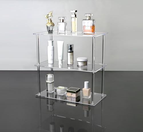 Jusalpha Rectangular 3 Tier Clear Acrylic with Metal Tabletop Display Stand for Desktop Shelf, Bathroom Vanity Cosmetic Makeup Organization Shelves, Home Decor Display Stand (Large 3 Tier) (Pack of 2) - size: 3 Tier, Rectangular, Large (Pack of 2)