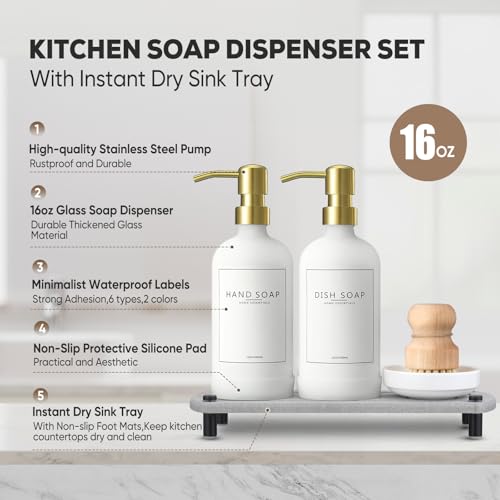 Kitchen Soap Dispenser Set with Instant Dry Tray,16 Oz Hand and Dish Soap White Glass Dispenser Set,Stainless Steel Pump,Waterproof Labels&Dish Brush,Luxury Soap Bottle for Kitchen,Bathroom - color: White Bottle+ Gold Pump
