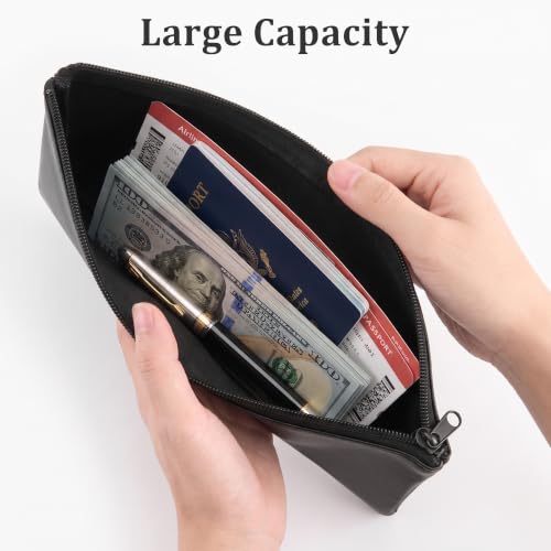 Airkit Money Bag with Zipper 2 Pack, PU Leather Bank Deposit Bags with Label, Waterproof Money Organizer Pouch for Cash Coins Receipt Bills Cosmetics Tools, 11.4 x 6.7 Inches, Black & Blue