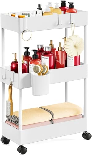 Pipishell 3 Tier Slim Storage Cart with Wheels, Bathroom Cart, White - color: White, size: 3-Tier
